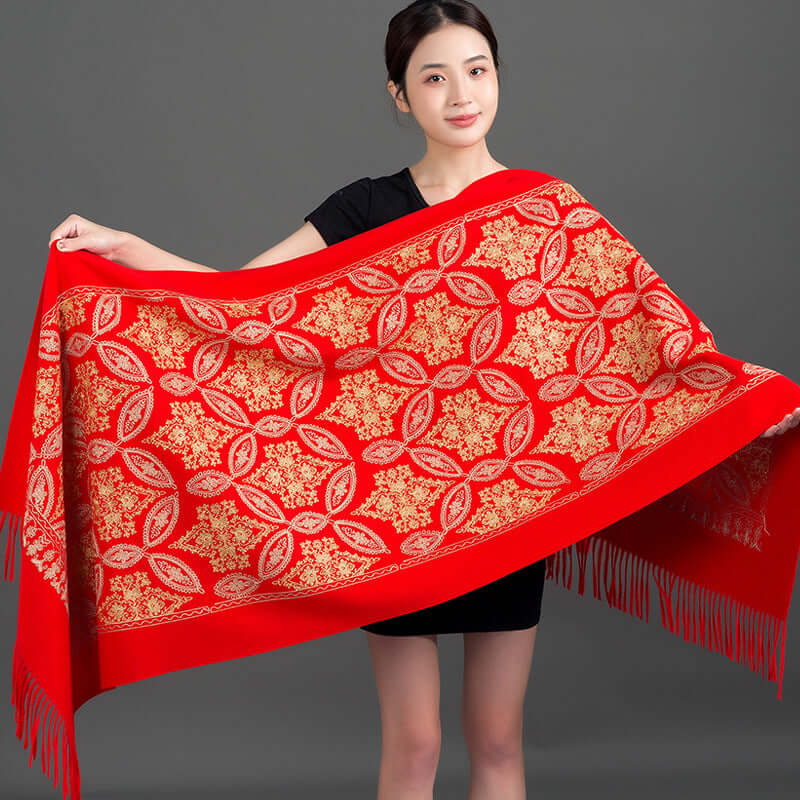 Women's Embroidered Golden Silk Lily Cashmere