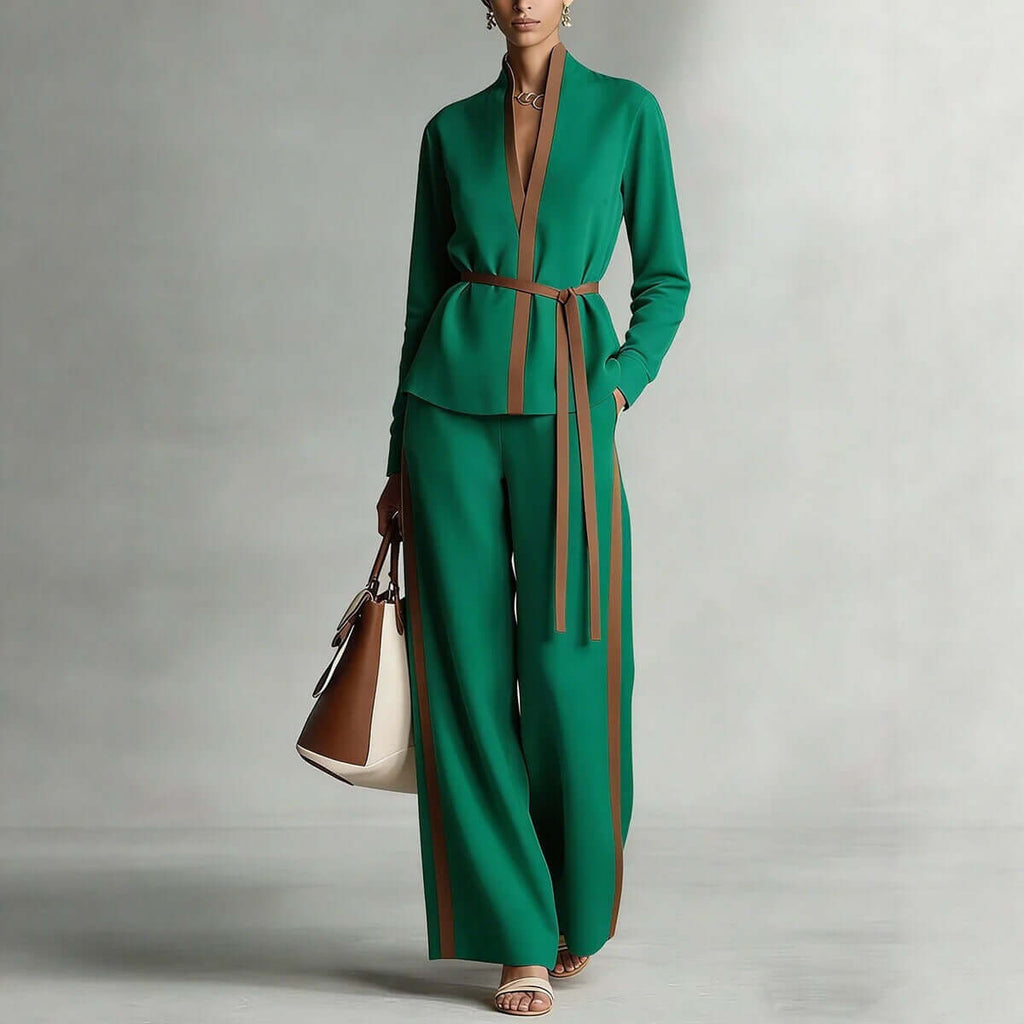 Women's Mandarin-collar Cardigan Blouse And Wide-leg Pants Set