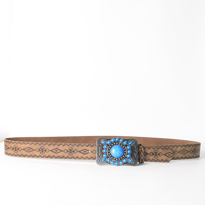 Embossed Antique Silver And Blue Turquoise Alloy Buckle Belt