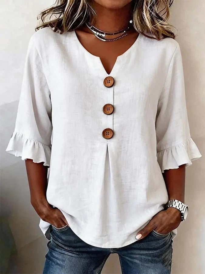 Women's V-neck Cotton-linen Button up Top