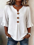 Women's V-neck Cotton-linen Button up Top