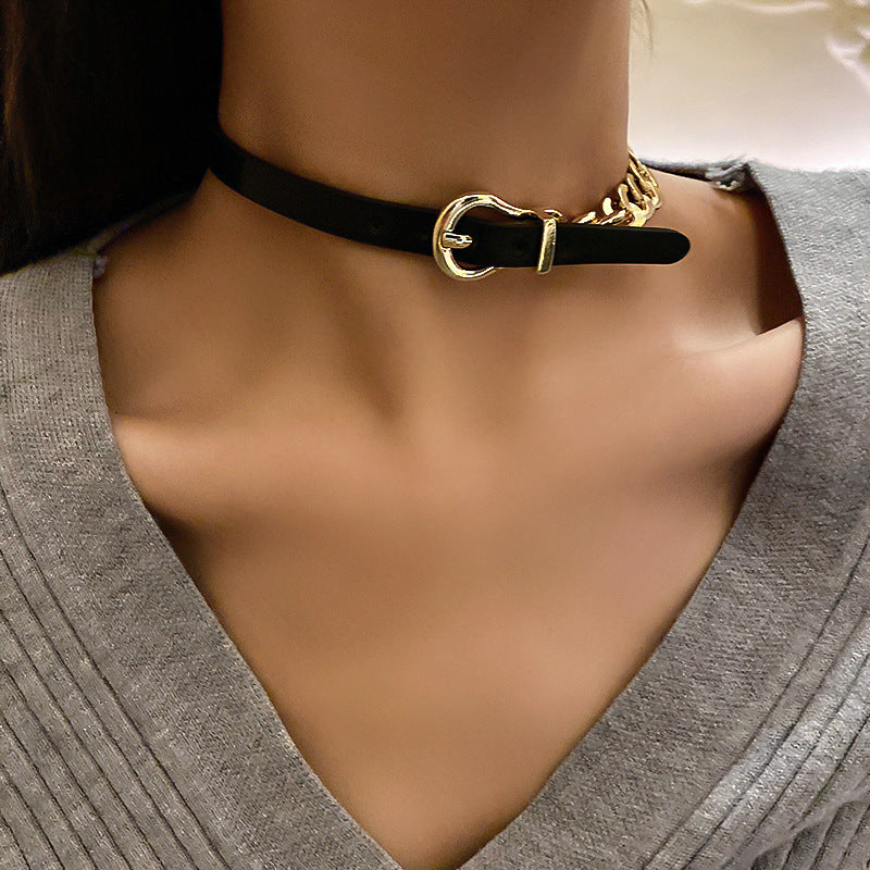 Golden Chain Choker Necklaces Short Black LeatherNeckless