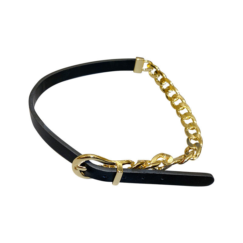 Golden Chain Choker Necklaces Short Black LeatherNeckless