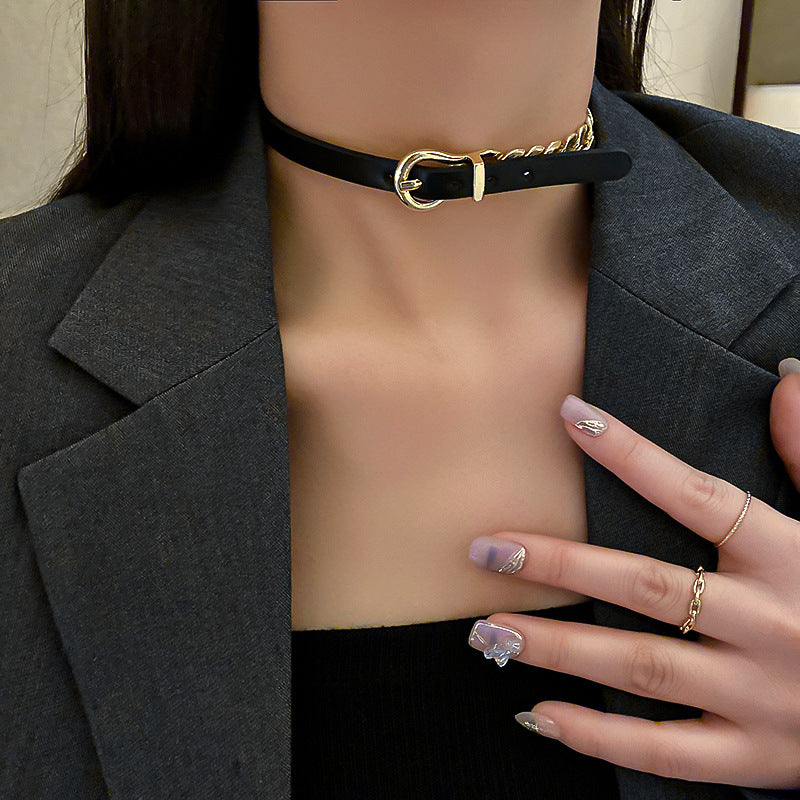 Golden Chain Choker Necklaces Short Black LeatherNeckless