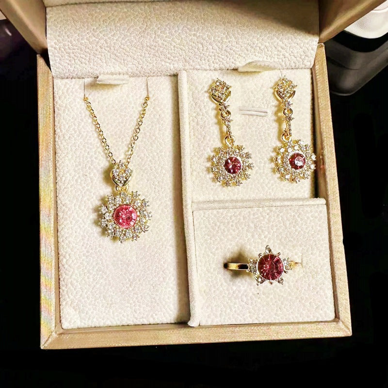 Women's Pomegranate Red Rings Pendants Earrings Set