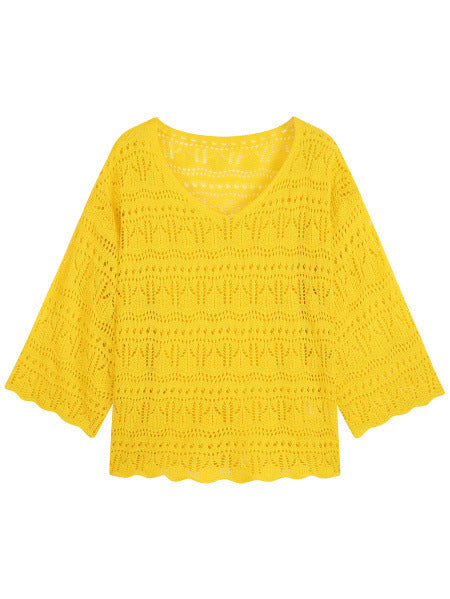 Ladies Crochet Drop Shoulder V-Neck Solid Colors