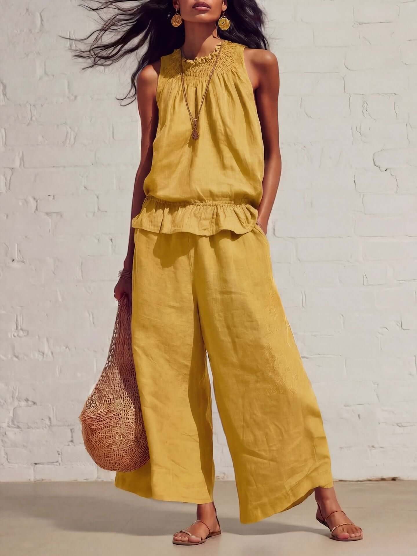 Women's Two-Piece Set Retro Ruffled Cotton Knitted