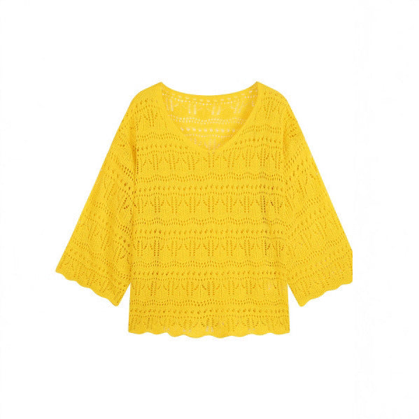 Ladies Crochet Drop Shoulder V-Neck Solid Colors