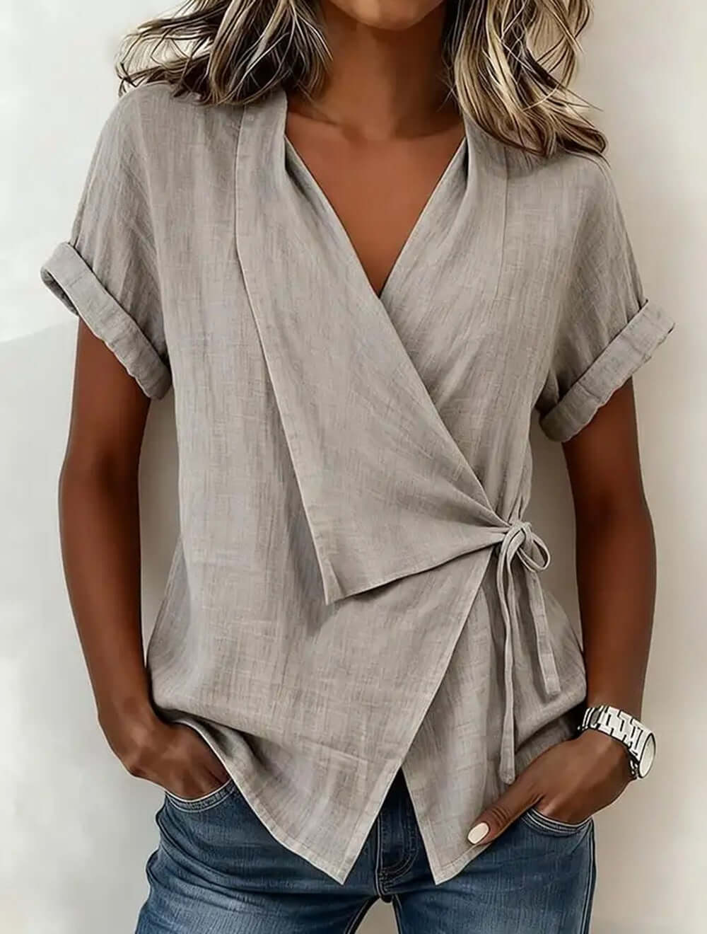 Women's Casual Lapel Collar Lace-Up Short-Sleeve Top