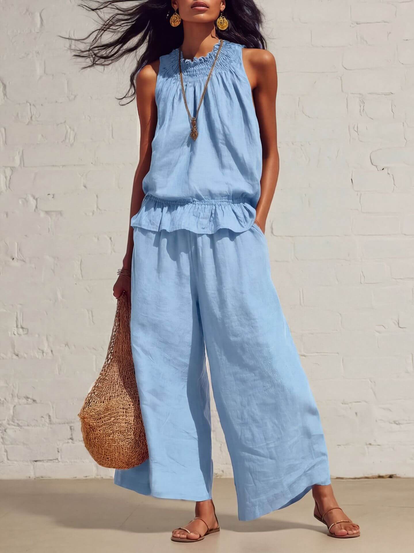 Women's Two-Piece Set Retro Ruffled Cotton Knitted