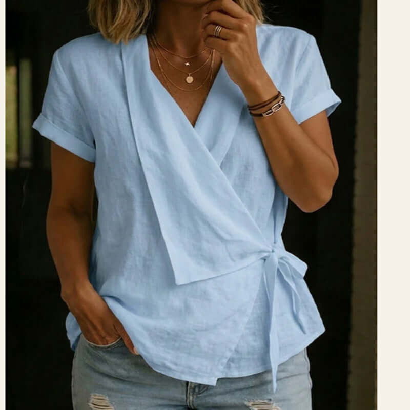 Women's Casual Lapel Collar Lace-Up Short-Sleeve Top