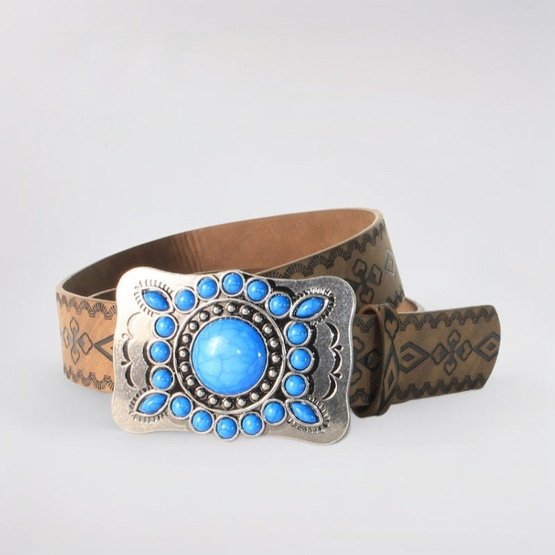 Embossed Antique Silver And Blue Turquoise Alloy Buckle Belt