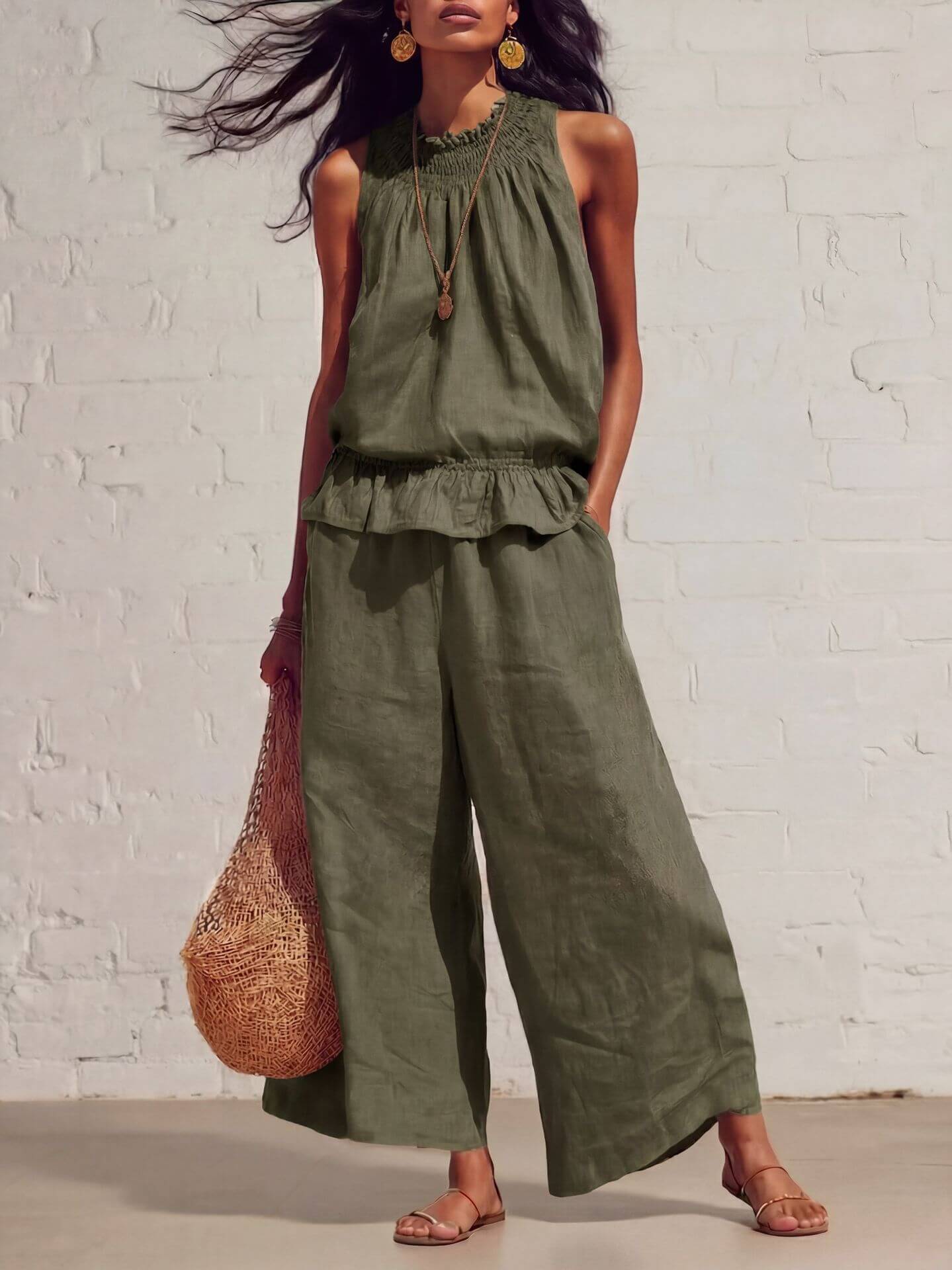 Women's Two-Piece Set Retro Ruffled Cotton Knitted