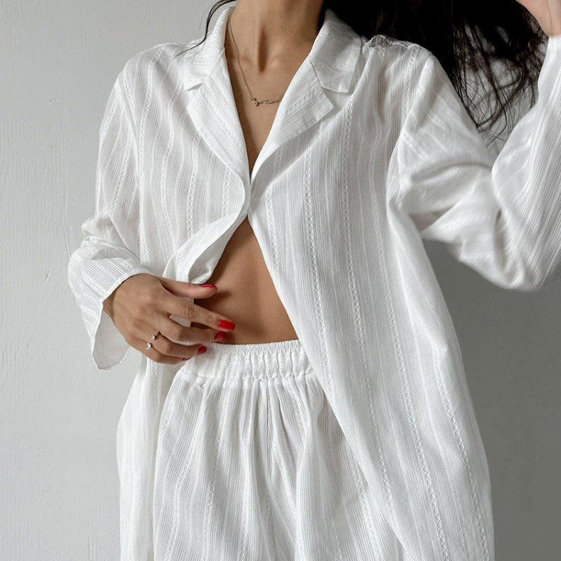 Women's Comfortable White Pure Cotton Loose-Fit Long-Sleeve Shorts Set