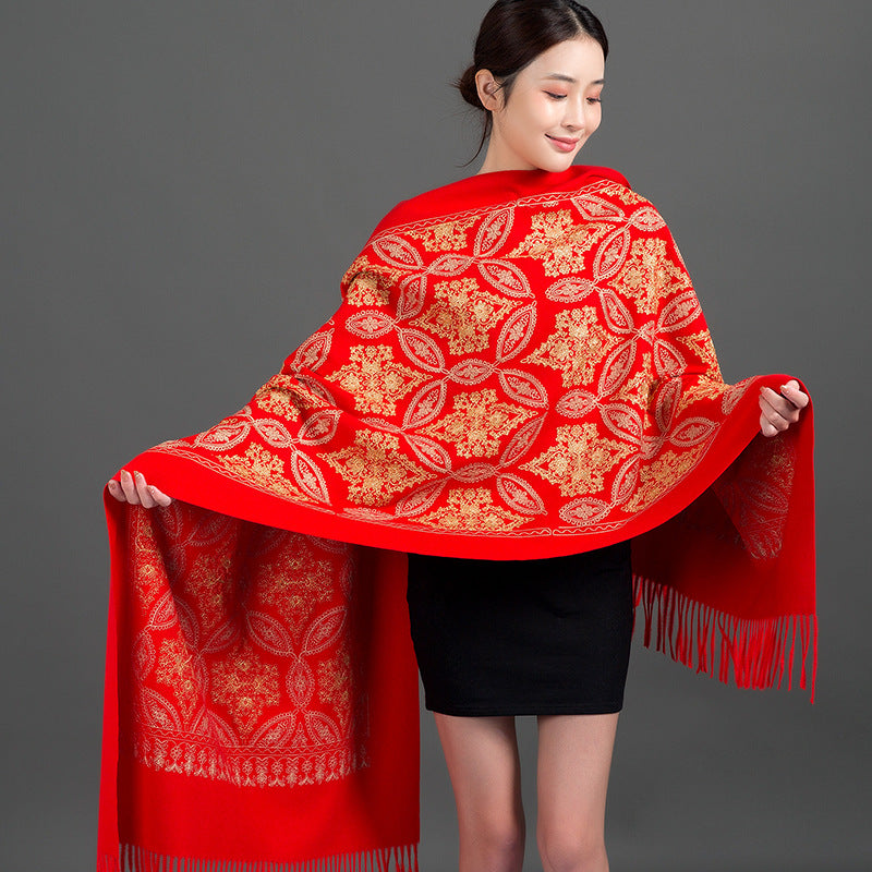 Women's Embroidered Golden Silk Lily Cashmere