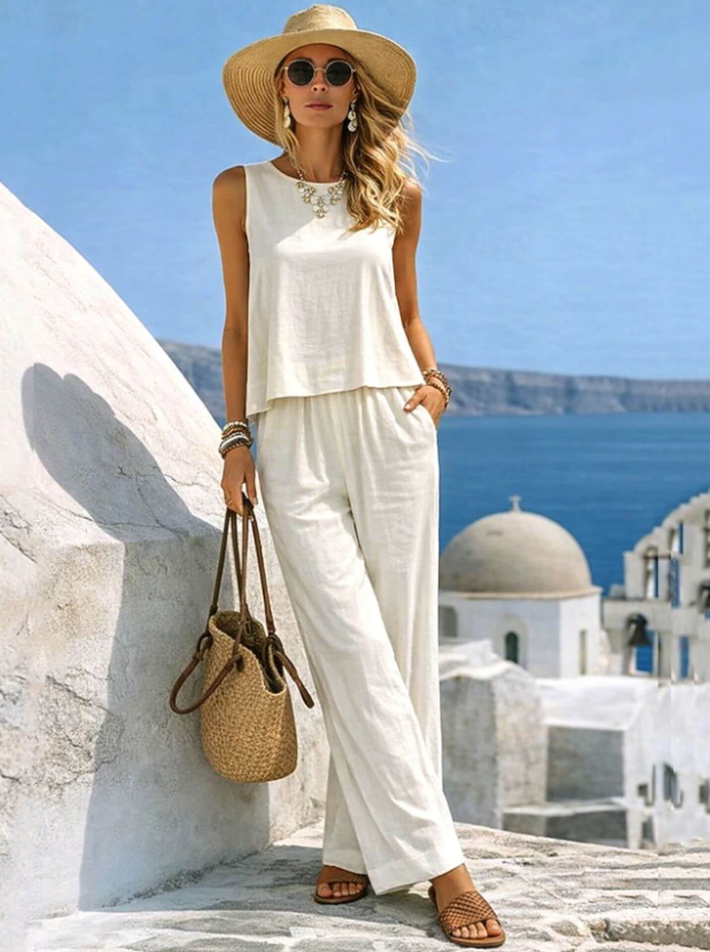 Women's Casual Cotton-Linen Vest and Pants Set