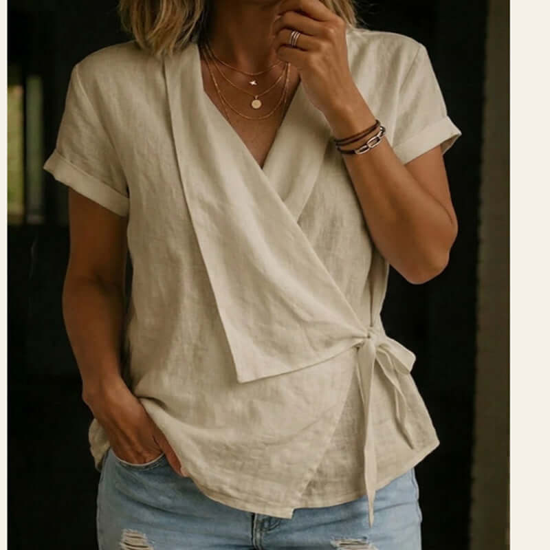 Women's Casual Lapel Collar Lace-Up Short-Sleeve Top