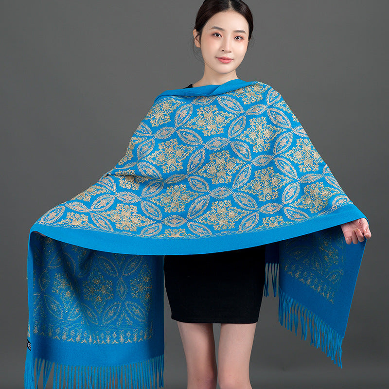Women's Embroidered Golden Silk Lily Cashmere