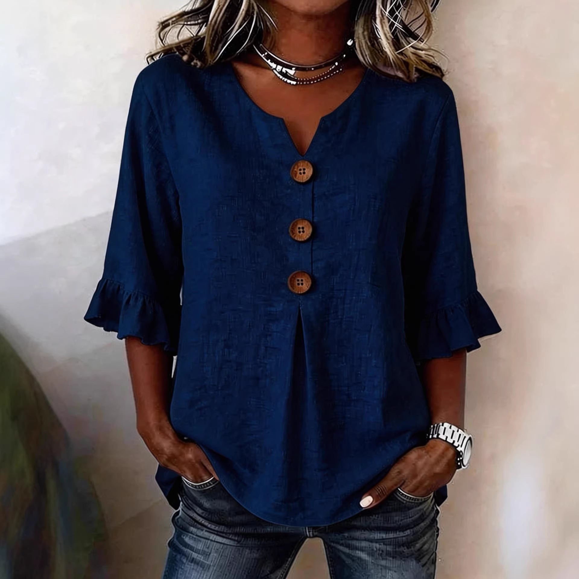Women's V-neck Cotton-linen Button up Top