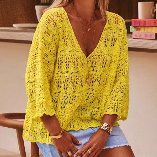 Ladies Crochet Drop Shoulder V-Neck Solid Colors