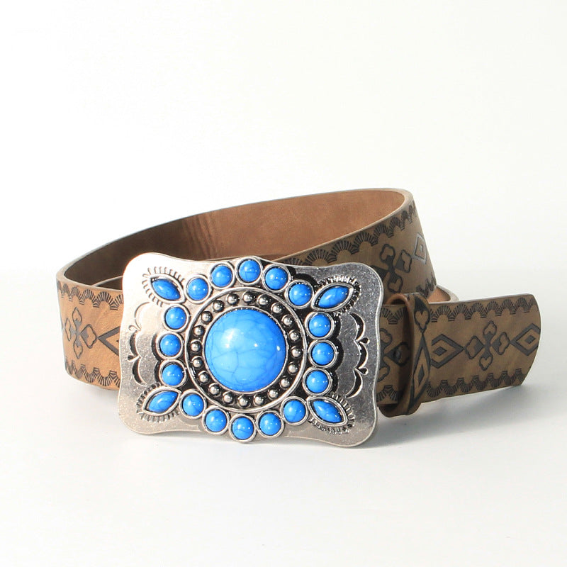 Embossed Antique Silver And Blue Turquoise Alloy Buckle Belt