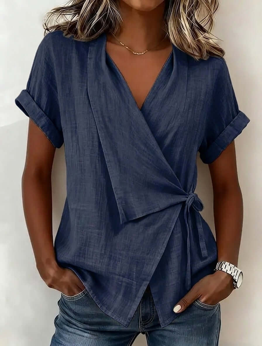 Women's Casual Lapel Collar Lace-Up Short-Sleeve Top