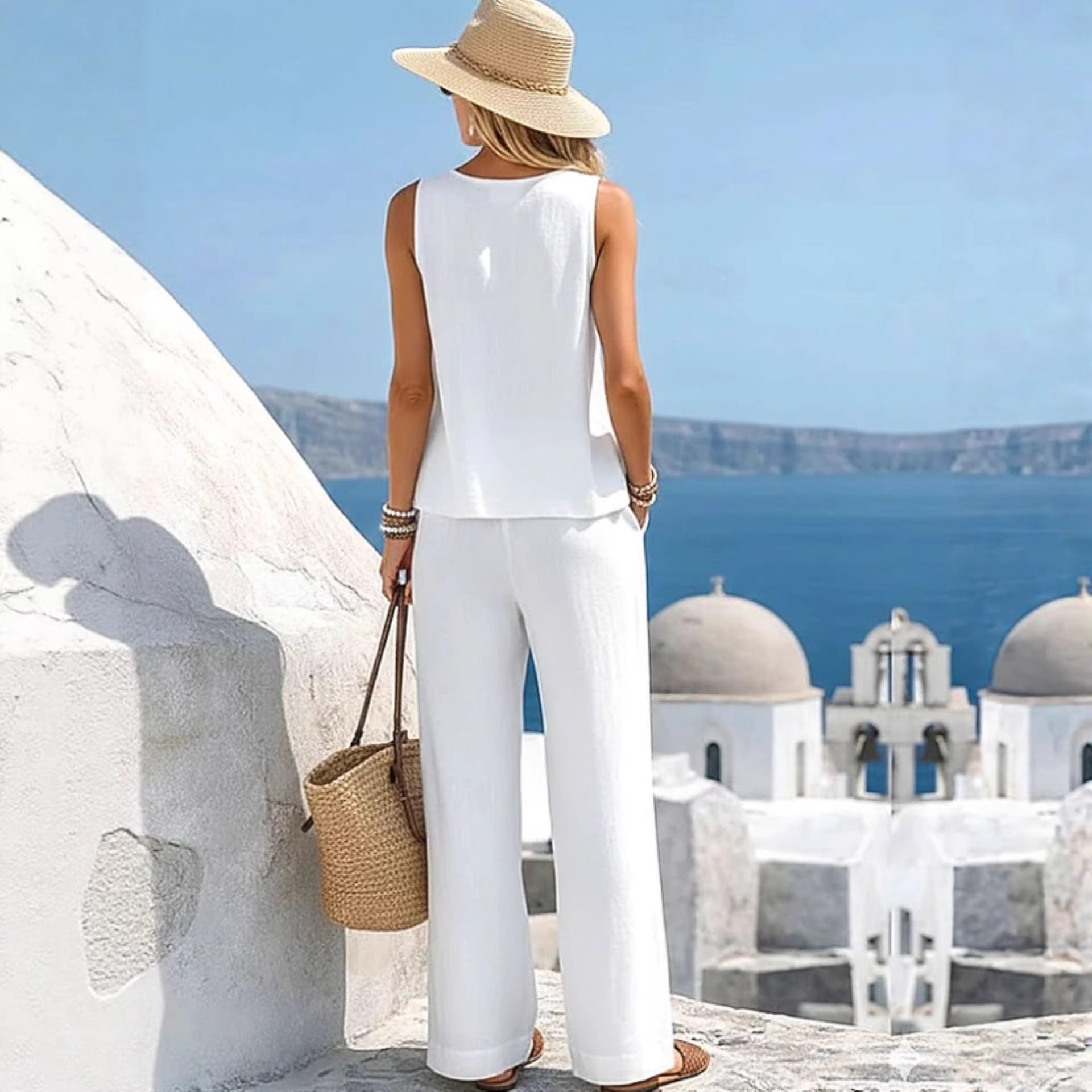 Women's Casual Cotton-Linen Vest and Pants Set