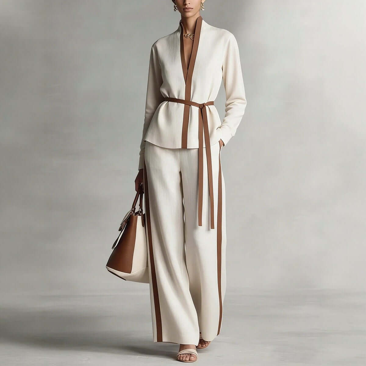 Women's Mandarin-collar Cardigan Blouse And Wide-leg Pants Set