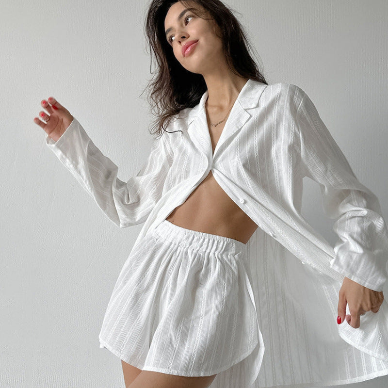 Women's Comfortable White Pure Cotton Loose-Fit Long-Sleeve Shorts Set