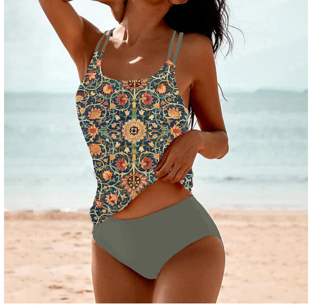Vintage Printed Split High Waist Swimwear