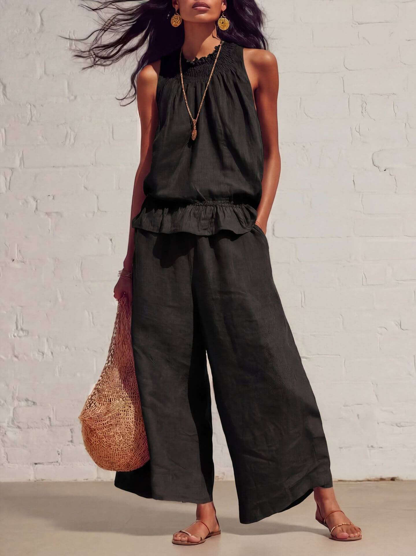 Women's Two-Piece Set Retro Ruffled Cotton Knitted