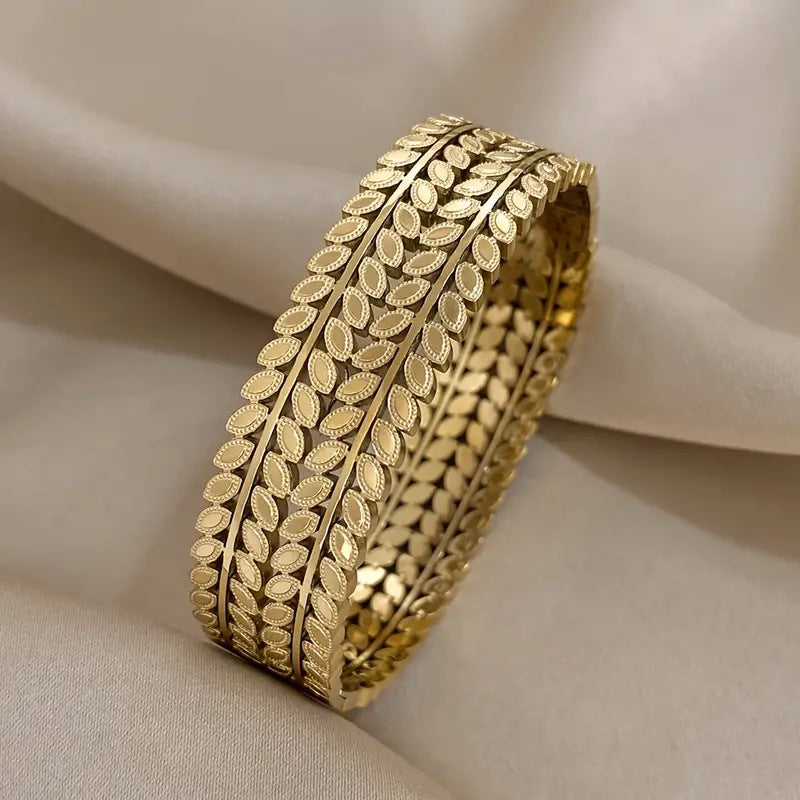 Bohemian-style Unique Wide-opening Stainless Steel Bracelet With Leaf Design