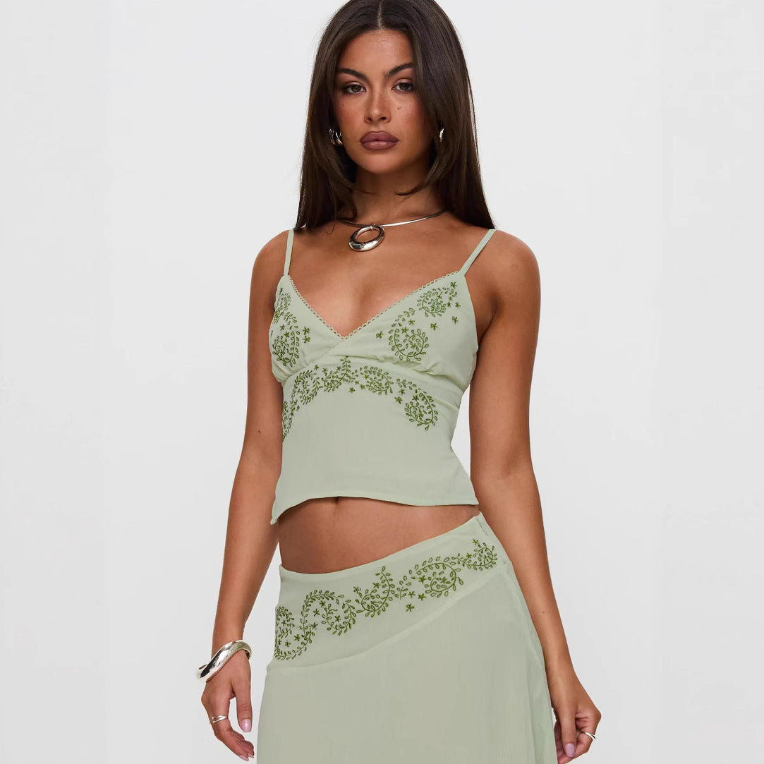 Womens 3D Embroidered Short Camisole Top