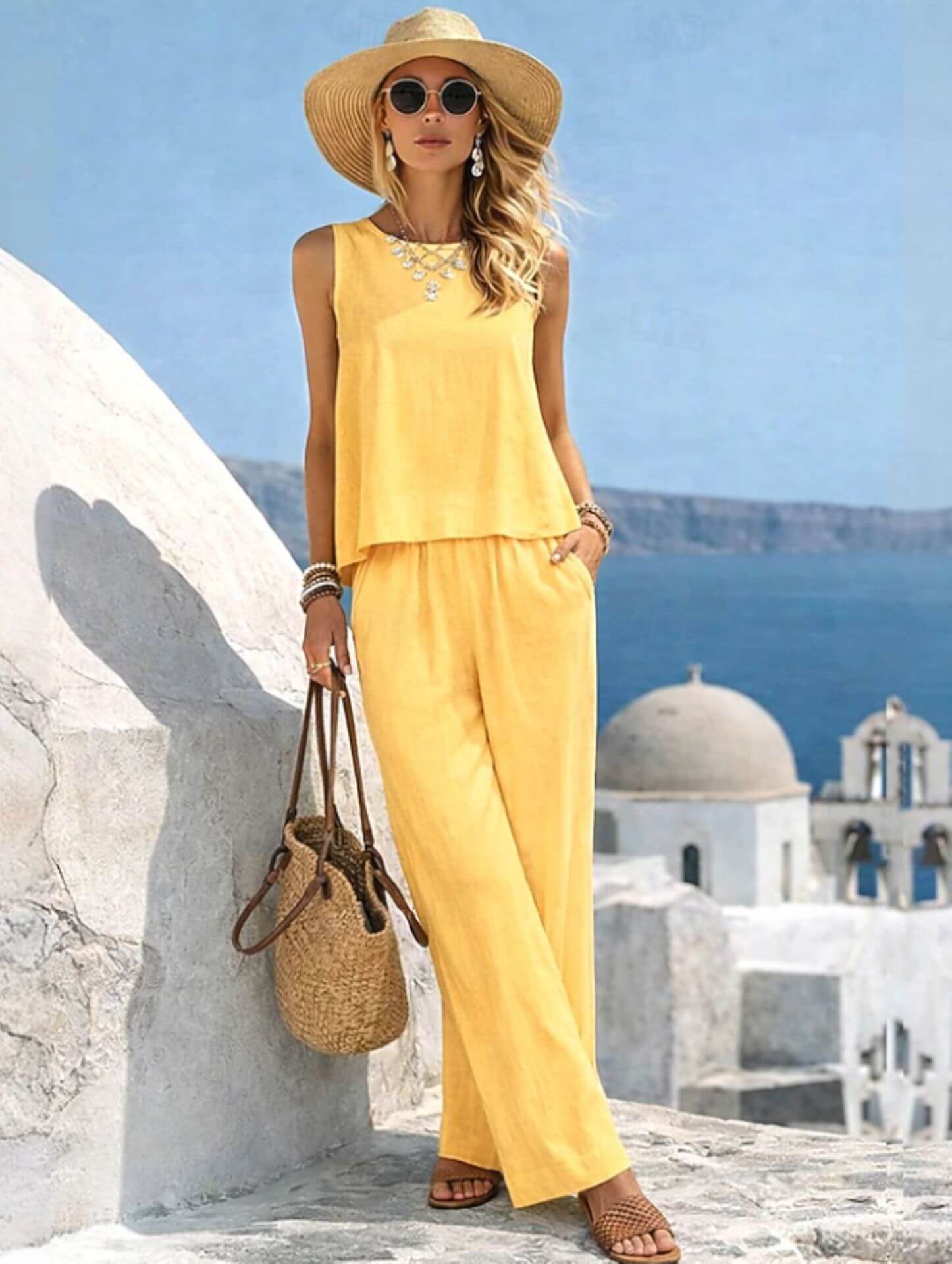 Women's Casual Cotton-Linen Vest and Pants Set