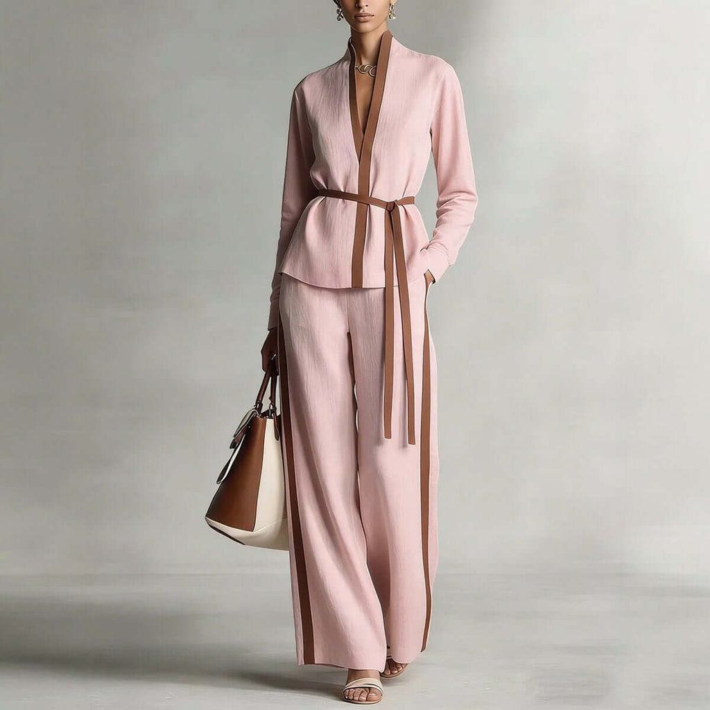 Women's Mandarin-collar Cardigan Blouse And Wide-leg Pants Set