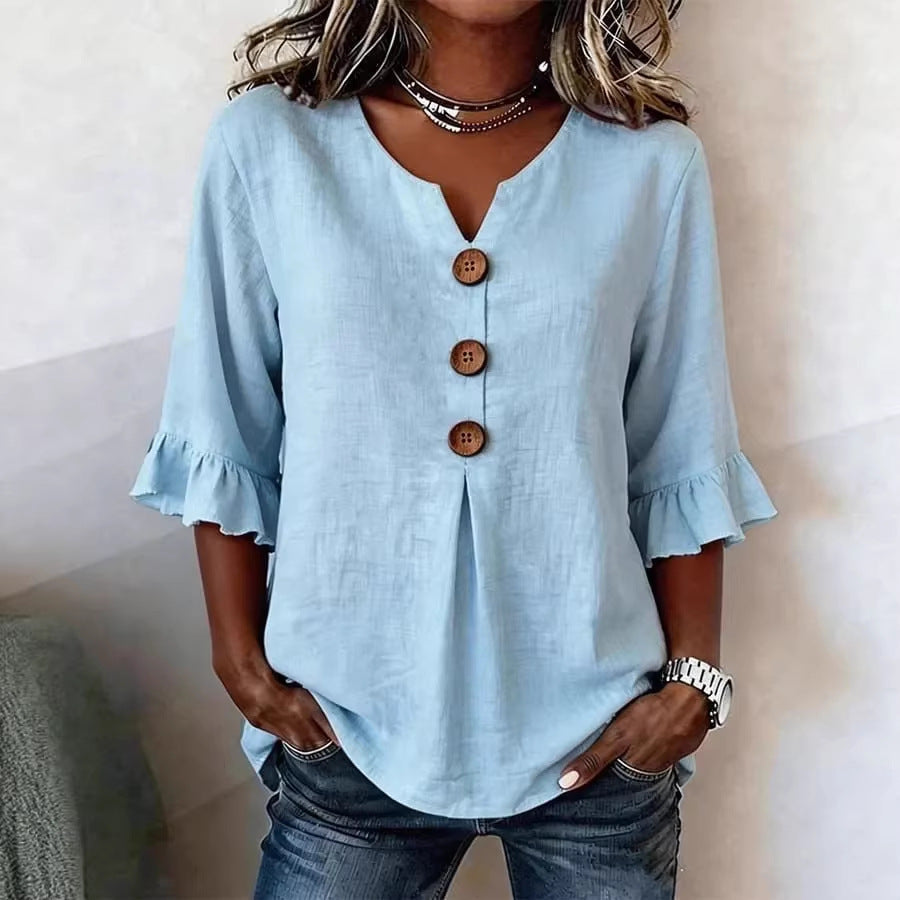 Women's V-neck Cotton-linen Button up Top