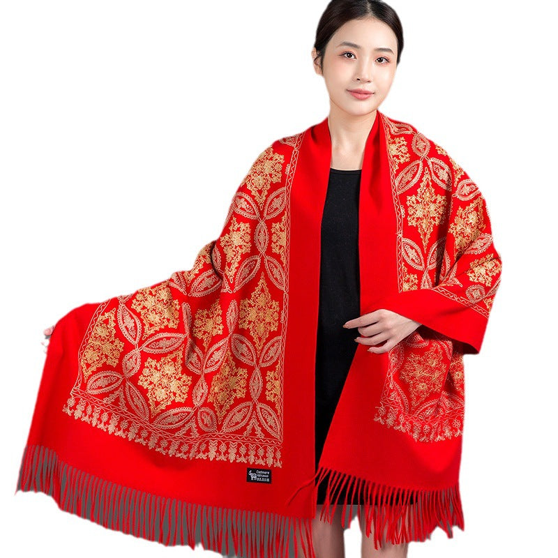 Women's Embroidered Golden Silk Lily Cashmere