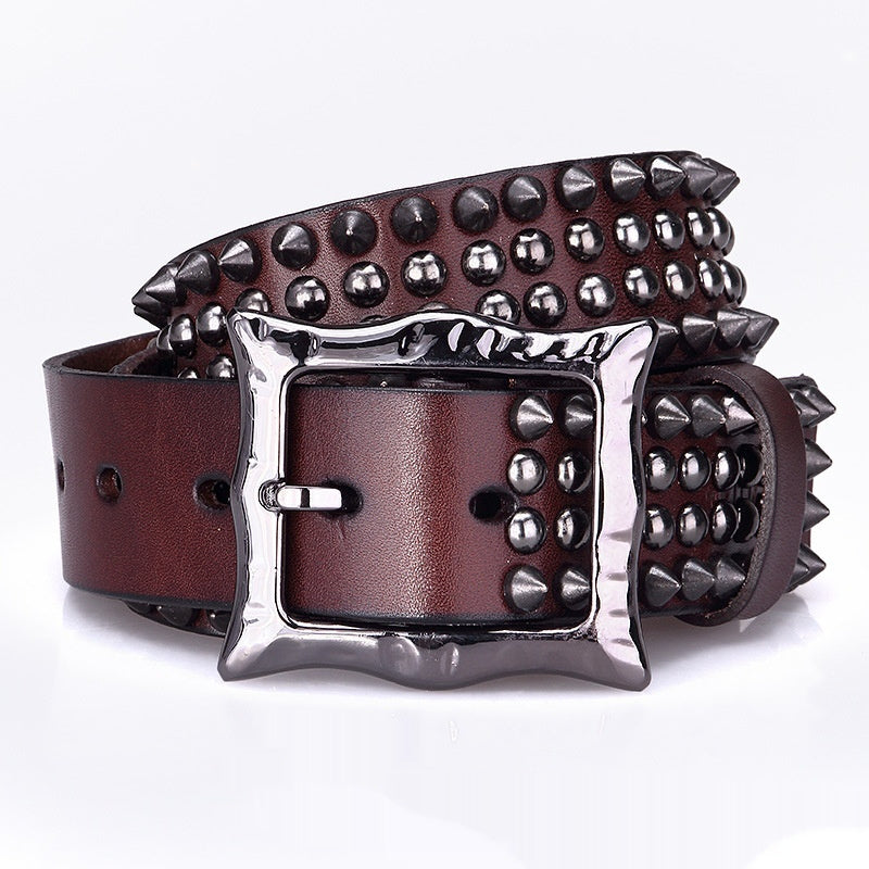 Unisex Day-Clasp Pointed Rivet Belt Made From Full-Grain Cowhide Leather