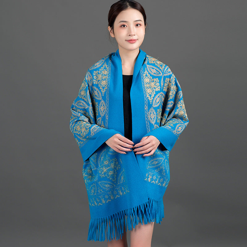 Women's Embroidered Golden Silk Lily Cashmere