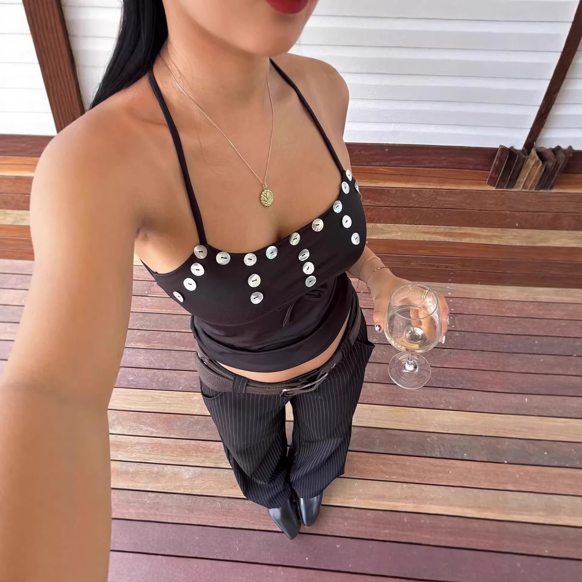 Women's Button Sleeveless Halter Top