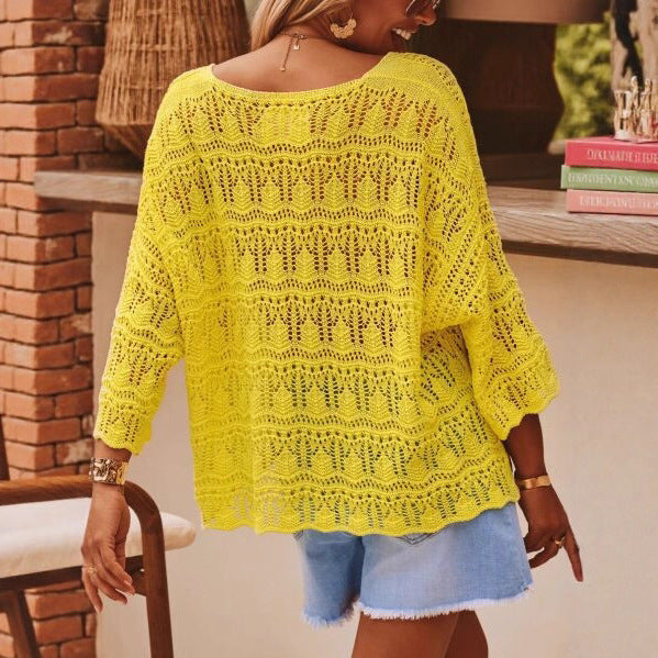 Ladies Crochet Drop Shoulder V-Neck Solid Colors