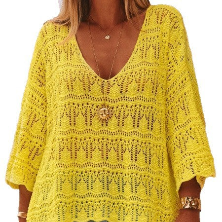 Ladies Crochet Drop Shoulder V-Neck Solid Colors