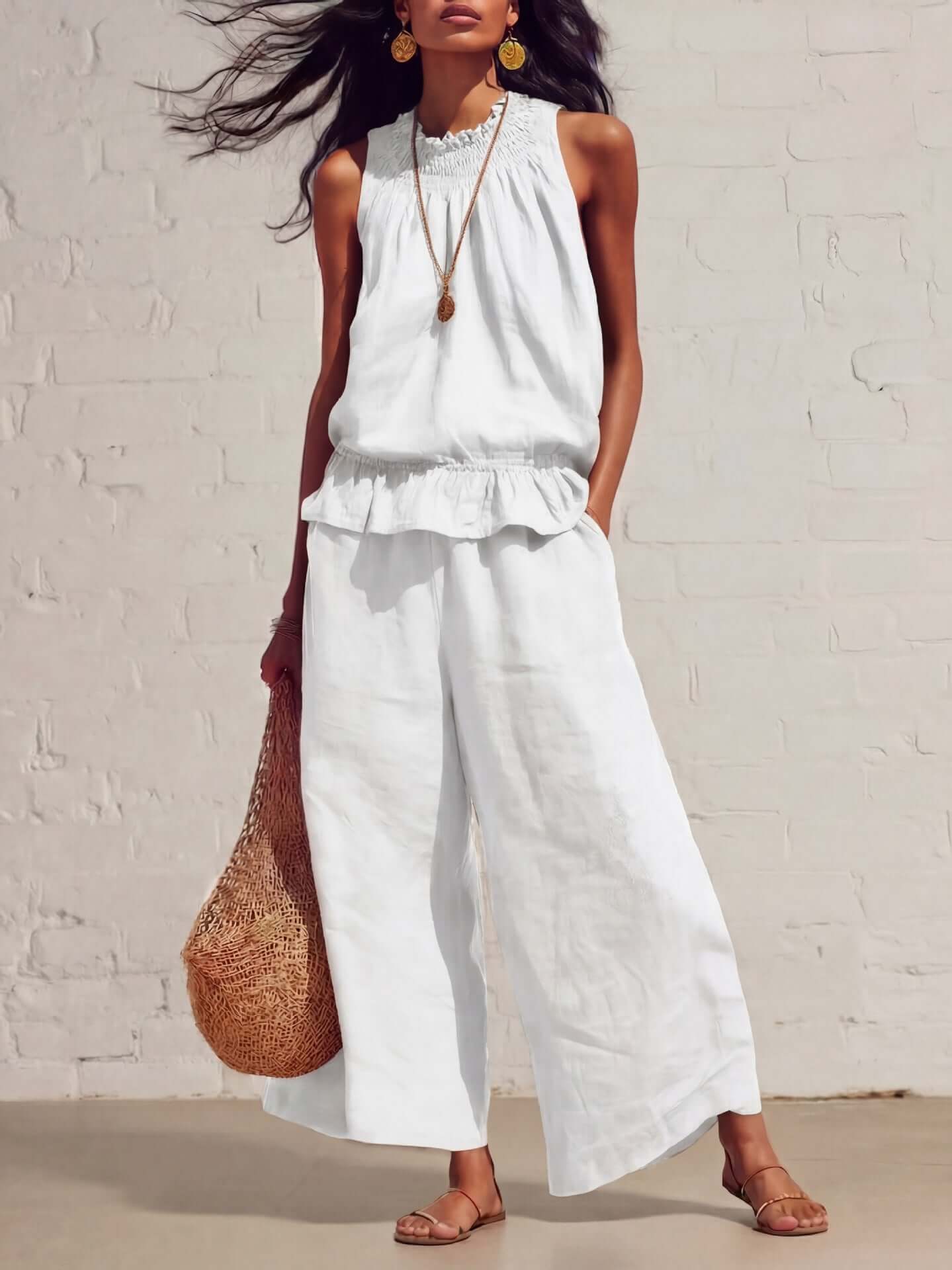 Women's Two-Piece Set Retro Ruffled Cotton Knitted