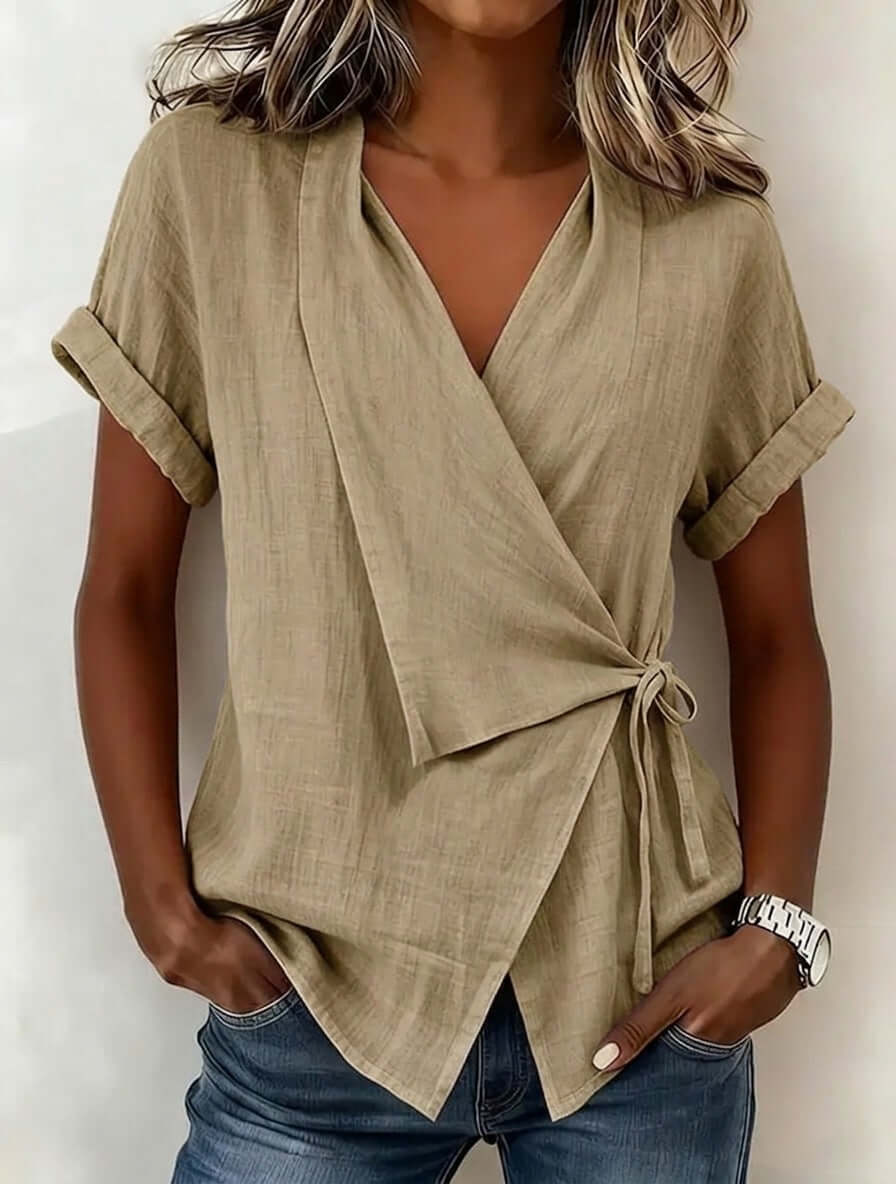 Women's Casual Lapel Collar Lace-Up Short-Sleeve Top