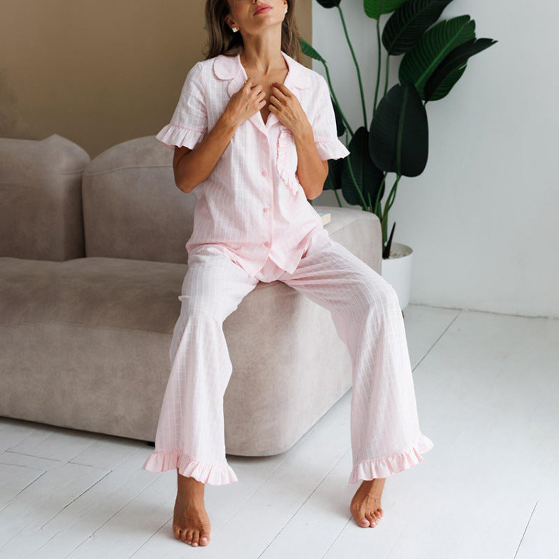 Women's Ruffled-edge Short-sleeve Pajama Set with Long Pants