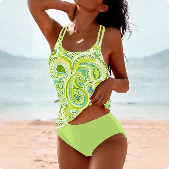 Retro Split High Waist Bikini Beach Print Strap Swimsuit