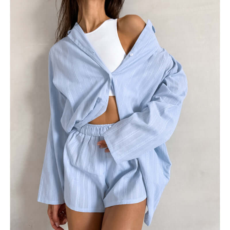 Women's Comfortable White Pure Cotton Loose-Fit Long-Sleeve Shorts Set