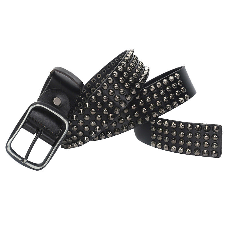 Unisex Day-Clasp Pointed Rivet Belt Made From Full-Grain Cowhide Leather