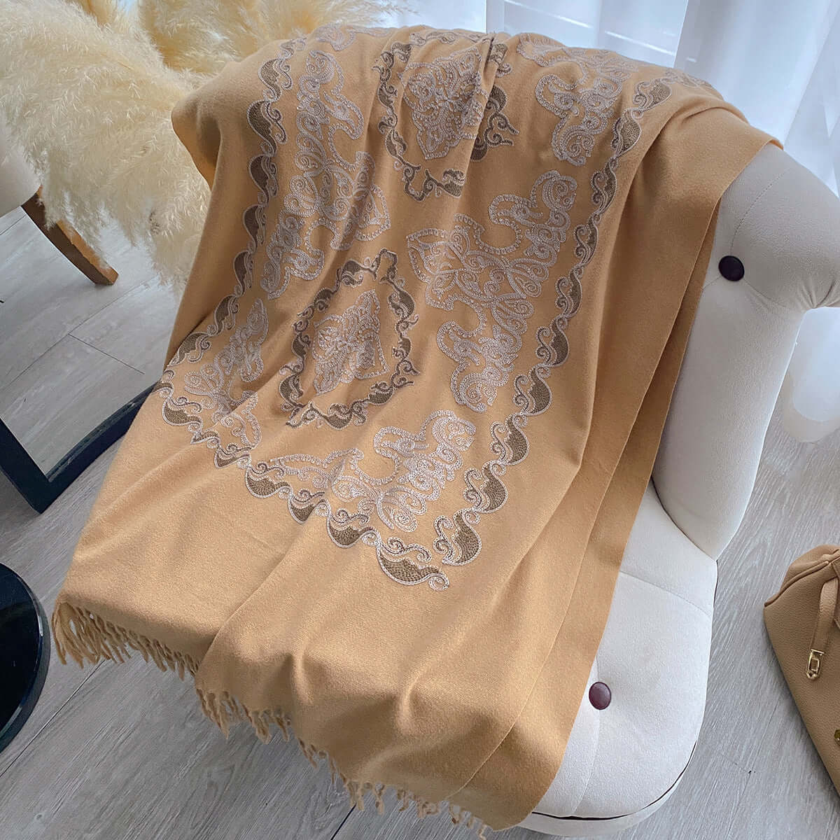 Women's High-End Warm Dual Embroidered Tassel Shawl