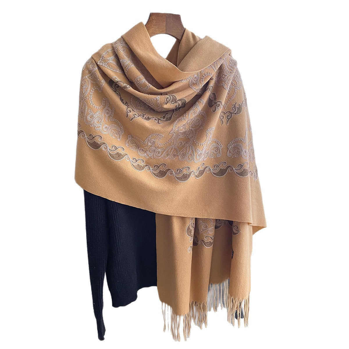 Women's High-End Warm Dual Embroidered Tassel Shawl